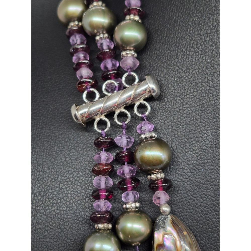 Abalone Necklace Paua Pearl Amethyst Garnet Multi Strand Iridescent Statement - Picture 7 of 16